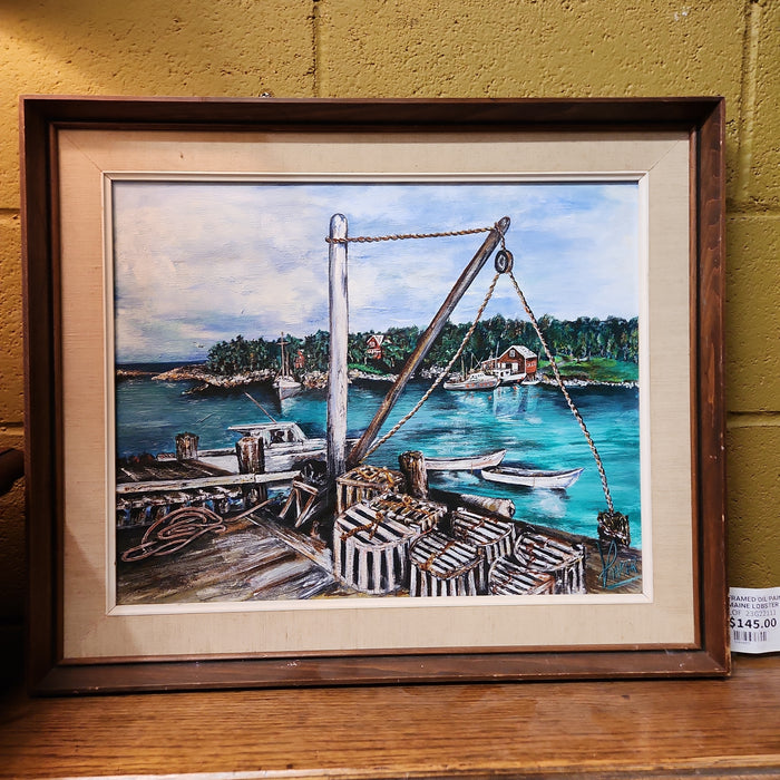 FRAMED OIL PAINTING WITH MAINE LOBSTER DOCKS