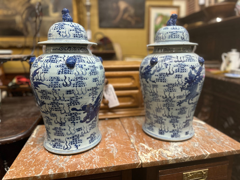 PAIR LARGE BLUE AND WHITE CHINESE DRAGON GINGER JARS