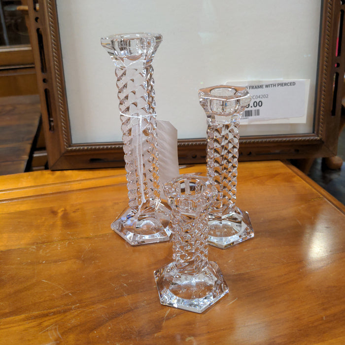 "MARQUIS" WATERFORD SET OF THREE CRYSTAL CANDLE STICKS
