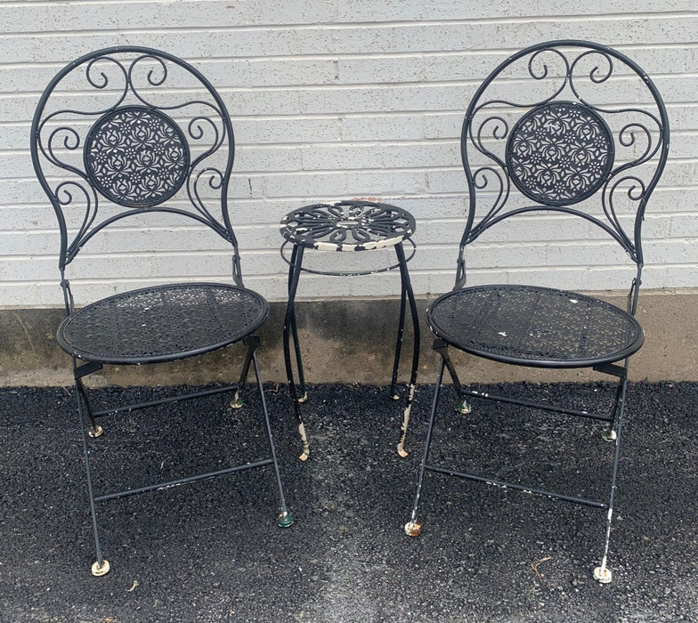 SET OF FOLDNG IRON PATIO CHAIRS AND SMALL ROUND TABLE