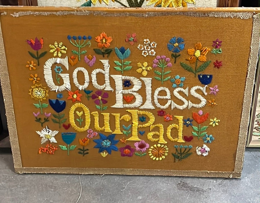 "GOD BLESS OUR PAD" NEEDLEPOINT WALL HANGING