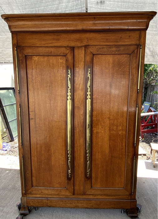 EARLY OAK FRENCH ARMOIRE WITH GREAT BRASS HINGES