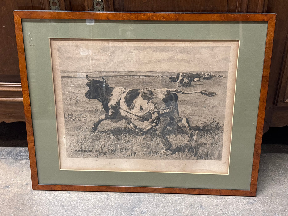 MEDIUM BURL WOOD FRAMED 1885 RUNNING COW ETCHING - SIGNED JULIEN DUPRE