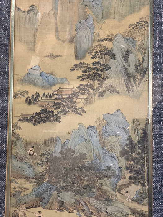 TALL GOLD BAMBOO FRAMED ASIAN PRINT OF MOUNTAIN VILLAGE
