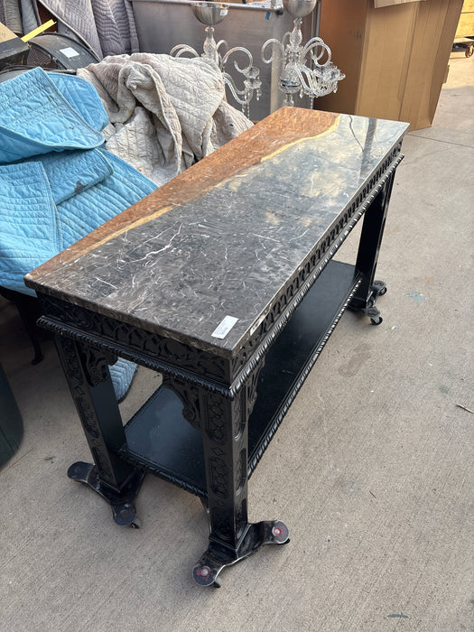 PIECED MARBLE TOP BLACK BASE CONSOLE TABLE - NOT OLD