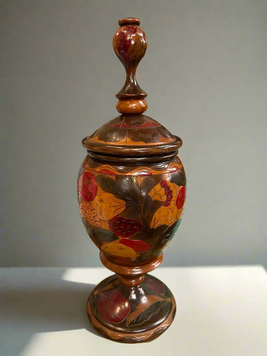 TALL WOOD URN WITH INCISED FRUIT MOTIF