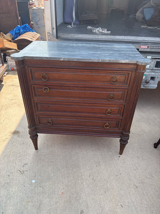 LOUIS XVI GRAY MARBLE TOP OAK 4 DRAWER CHEST - AS FOUND