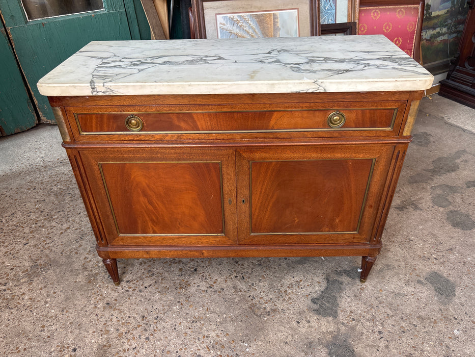 LOUIS XVI WHITE MARBLE TOP MAHOGANY SERVER WITH 2 DOORS AND DRAWER