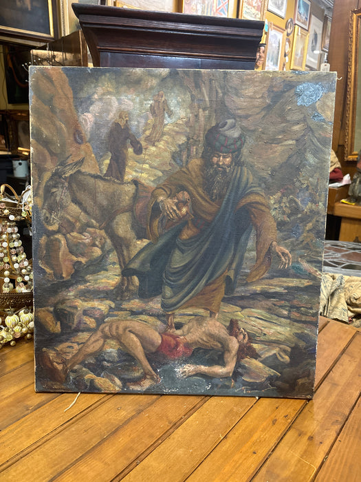 SMALL 20TH CENTURY OIL PAINTING OF GOOD SAMARITAN ON CANVAS