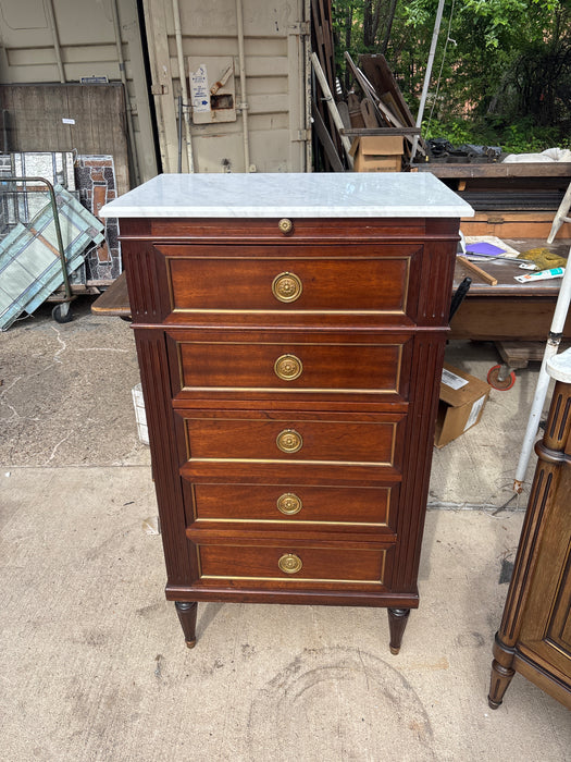 TALL LOUIS XVI SMALL WHITE MARBLE TOP 5 DRAWER MAHOGANY CHEST