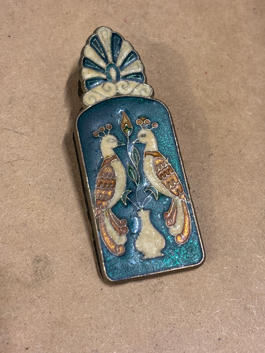 GREEN ENAMELED PAPER CLIP WITH PEACOCKS AND BOAT