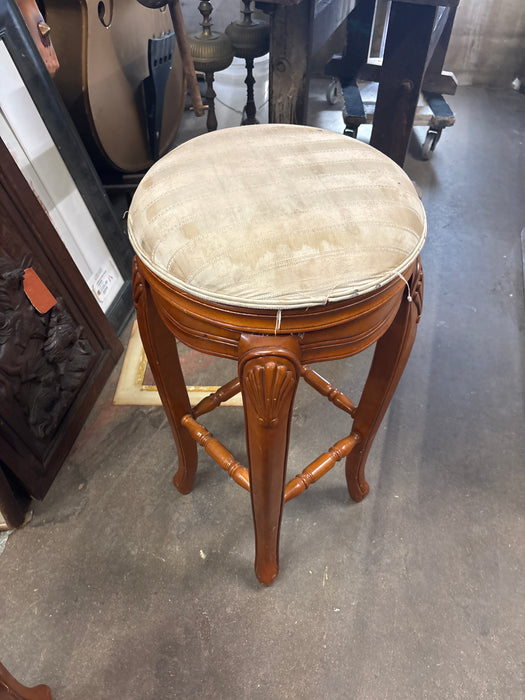 PAIR OF  SWIVEL BARSTOOLS WITH CARVED SCALLOP- AS FOUND UPHOLSTERY