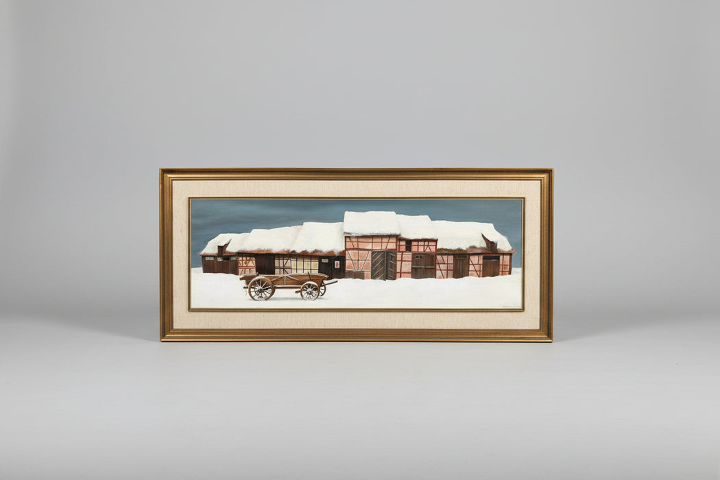 LARGE FRAMED SNOW SCENE OIL PAINTING