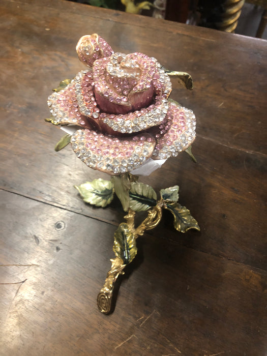 LARGE SILVER AND PINK JEWELED ENAMELED METAL ROSE