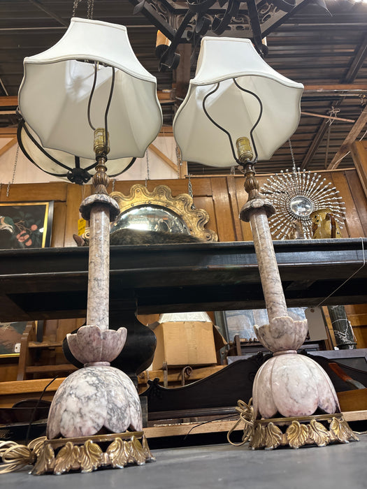 PAIR OF TALL MARBLE LAMPS WITH FOLIATE GOLD BASE AND LINEN SHADES