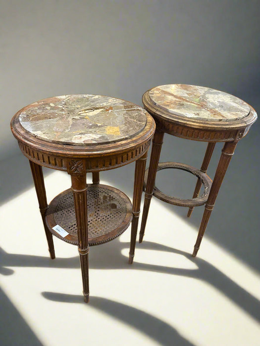 PAIR OF LOUIS XVI ROUND MARBLE TOP STANDS AS FOUND