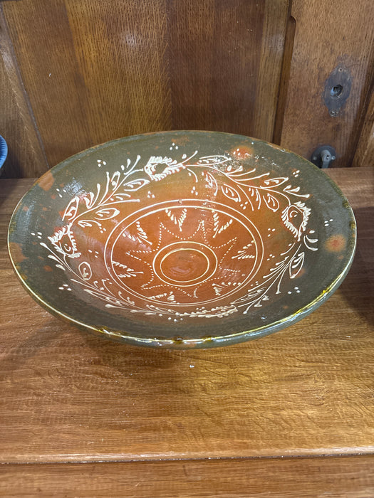 LARGE TERRACOTTA AND GREEN POTTERY BOWL
