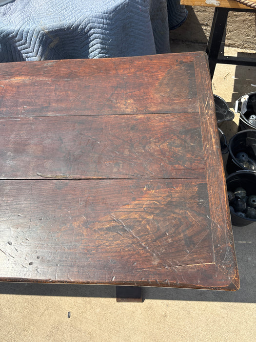 LONG DARK OAK TRESTLE BASE TABLE WITH BREAD BOARD ENDS