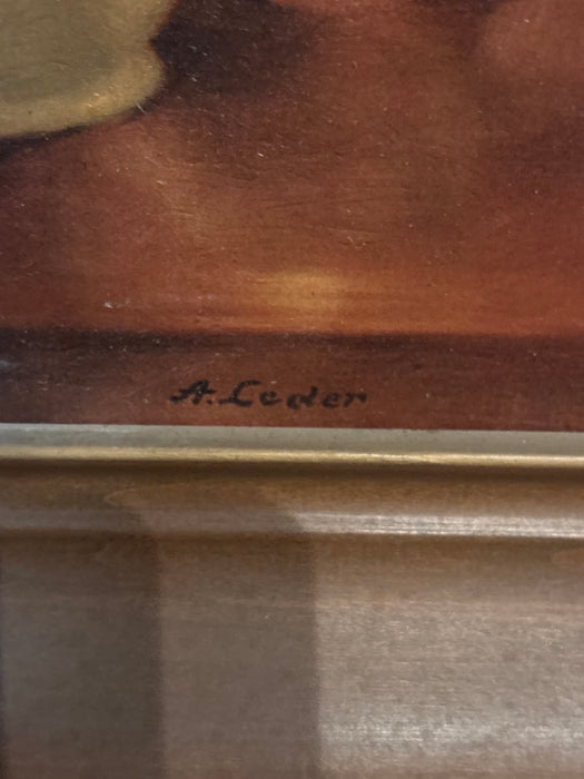 BROWN FLARED FRAMED STILL LIFE PRINT OF PEACHES AND GRAPES - SIGNED A. CODER