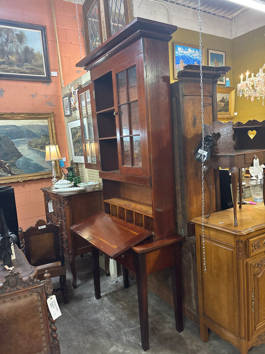 EARLY CHERRY DROP FRONT DESK WITH CABINET TOP AND DRAWER