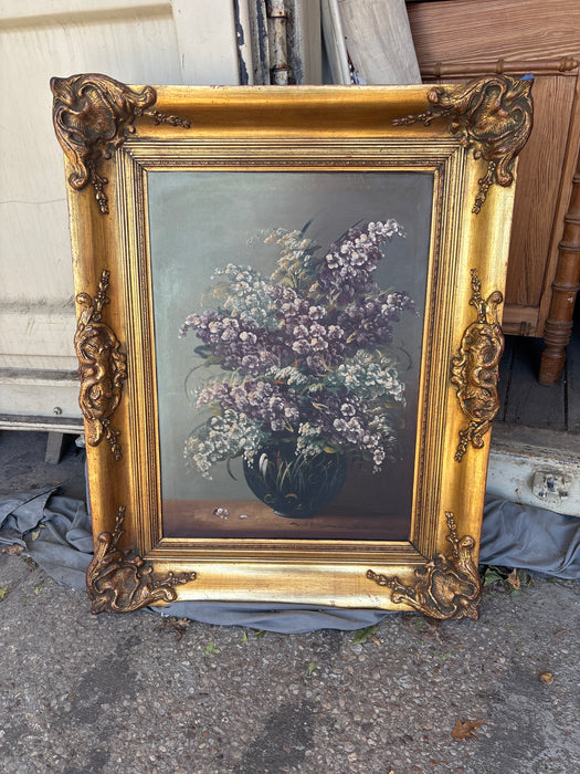 LARGE ORNATE GILT FRAMED PURPLE FLORAL STILL LIFE OIL PAINTING - SIGNED