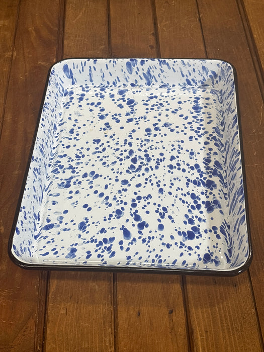 WHITE AND DARK BLUE RED CO. SPLATTER WARE BROWNIE TRAY