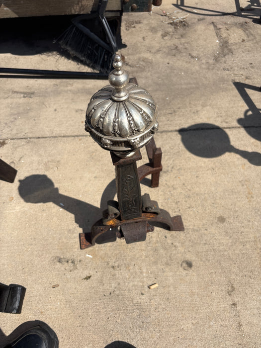 PAIR OF IRON AND SILVER TURRET TOP ANDIRONS
