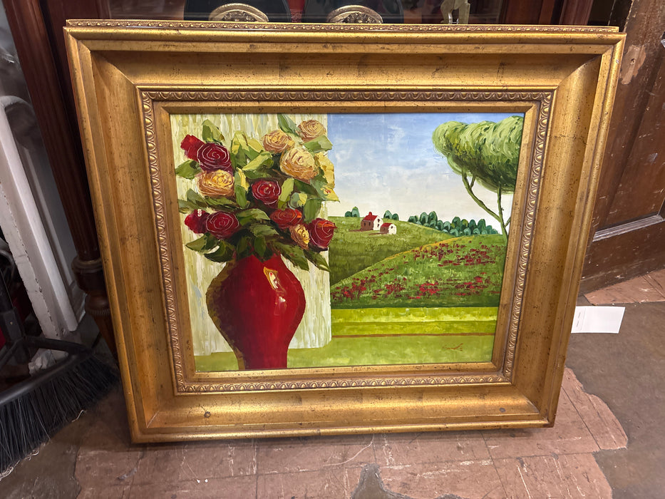 GOLD WOOD FRAMED PAINTING OF ROSES AND FIELD