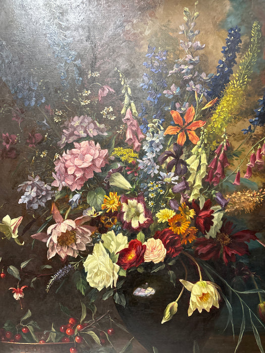 LARGE ORNATE GILT FRAMED ANTIQUE FLORAL PAINTING - SIGNED CAMILLA GÖBL WAHL