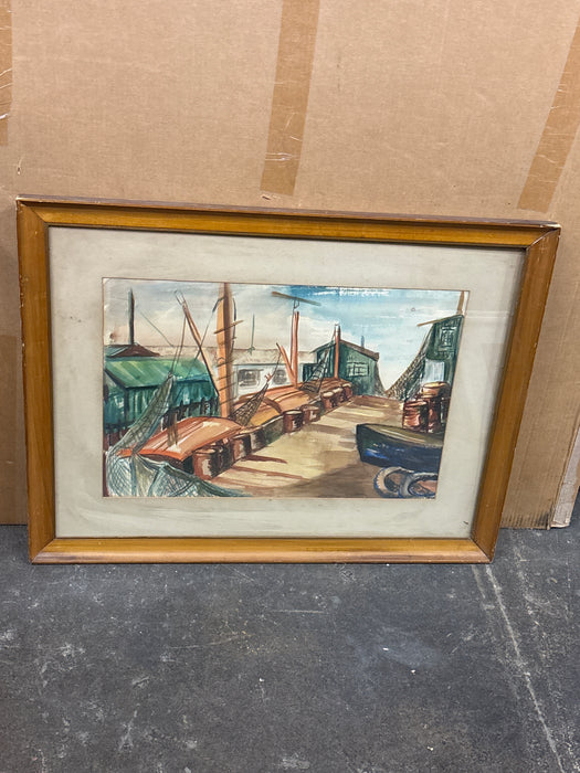 VINTAGE HARBOR SCENE WATERCOLOR PAINTING
