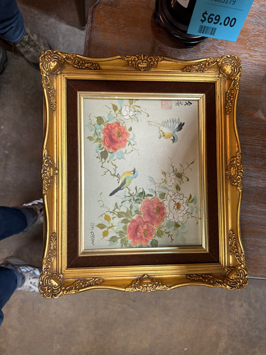 GILT FRAMED ASIAN OIL PAINTING OF BIRDS - SIGNED RAY CHAN
