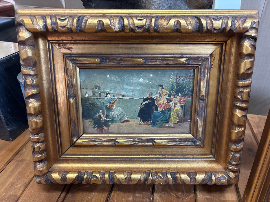 PAIR OF SMALL ORNATE GOLD FRAMED SPANISH OIL PAINTINGS OF PEOPLE - SIGNED