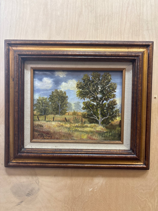 SMALL FRAMED COUNTRY LANDSCAPE OIL PAINTING WITH LINEN FILET - SIGNED P. BROWN