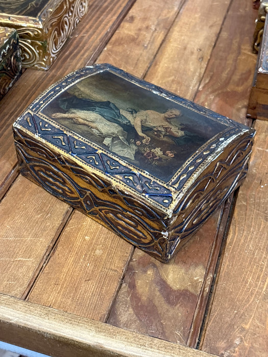 LARGE DARK GOLD, BLUE AND RED DOMED FLORENTINE BOX WITH DECOUPAGE PAINTING OF WOMAN MAKING FLOWER CROWNS