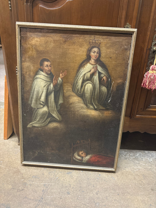 SMALL SILVER GILT FRAMED 18TH CENTURY OIL PAINTING OF INTERCESSIONAL DEPICTION OF PRAYER