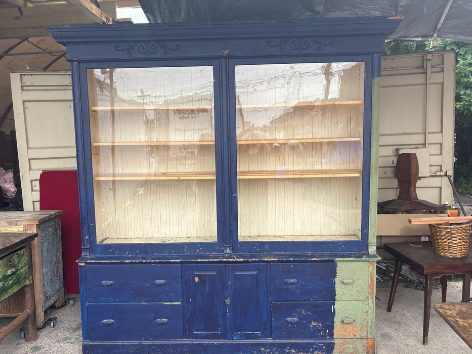 LARGE BLUE AND GREEN COUNTER SHOP DISPLAY CABINET