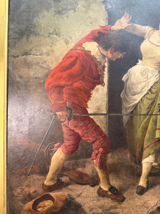 LARGE FRAMED OIL PAINTING OF A  17TH CENTURY SCENCE WITH COURTING COUPLE FROLICKING