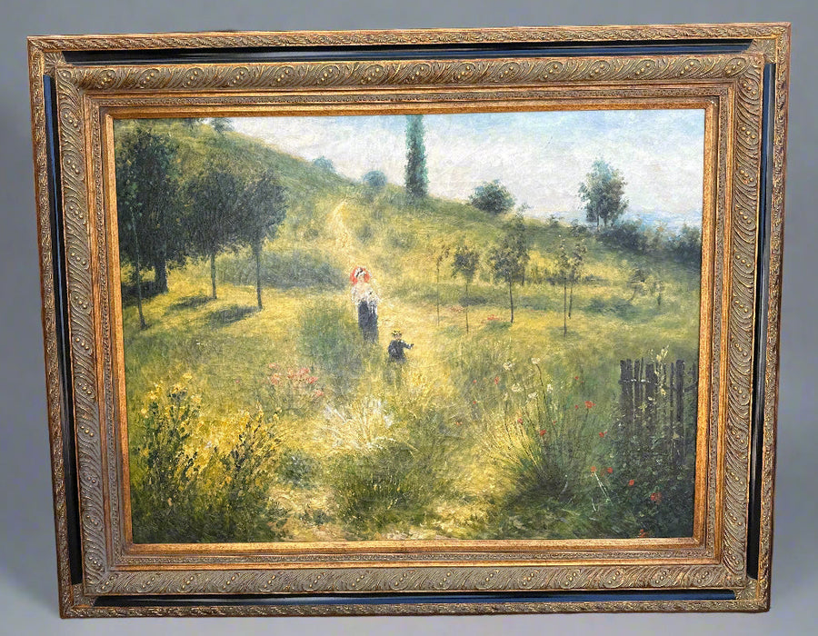 GILT FRAMED OIL PAINTING OF MOTHER WITH CHILD IN MEADOW