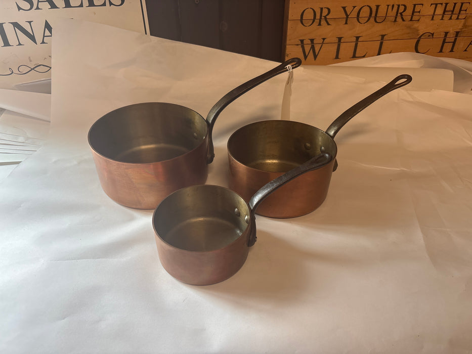 SET OF 3 HEAVY WEIGHT FRENCH COPPER CLAD GRADUATED SIZE SAUCE PAN