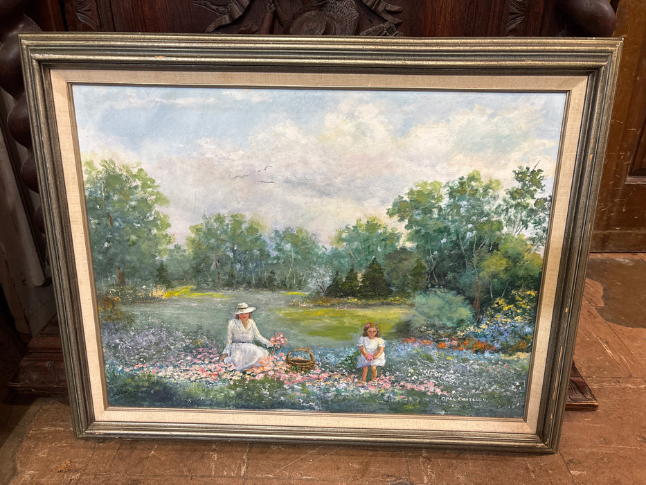 FRAMED OIL PAINTING ON CANVAS OF WOMAN AND GIRL PICKING FLOWERS - SIGNED OPAL COSTELLO