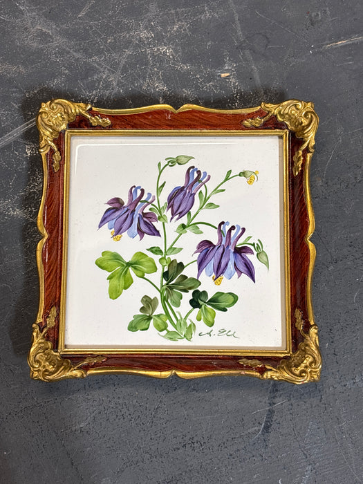 SET OF 4 ORNATE GILT FRAMED FLORAL PAINTED WALL HANGING TILES - SIGNED