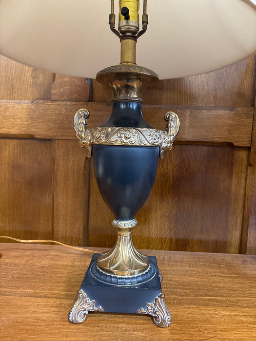 BRASS URN LAMP WITH SILK SHADE