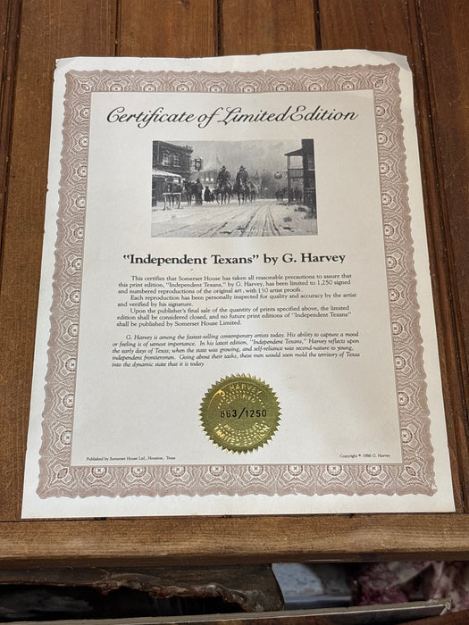 FOLIATE FRAMED COLORED PRINT OF “INDEPENDENT TEXANS” - SIGNED G. HARVEY - AS FOUND