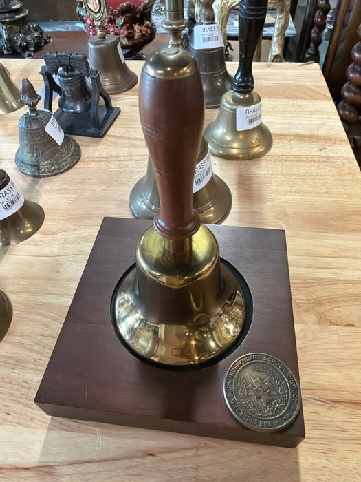 HIGHLAND PARK ISD BRASS SCHOOL BELL ON WOOD BASE