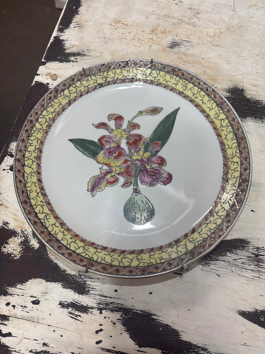 RED AND YELLOW CRACKLED PLATE WITH RED AND PINK FLOWERS