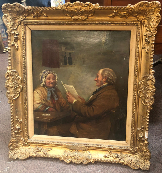 19TH CENTURY GILT GESSO FRAMED PAINTING OF CONVERSATION OVER NEWSPAPER