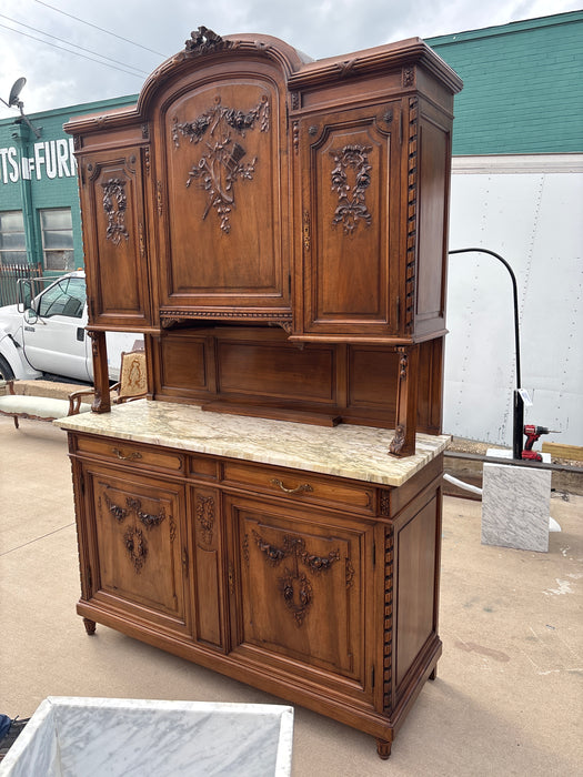 LOUIS XVI MARBLE TOP FLORAL OAK BUFFET DUEX CORPS