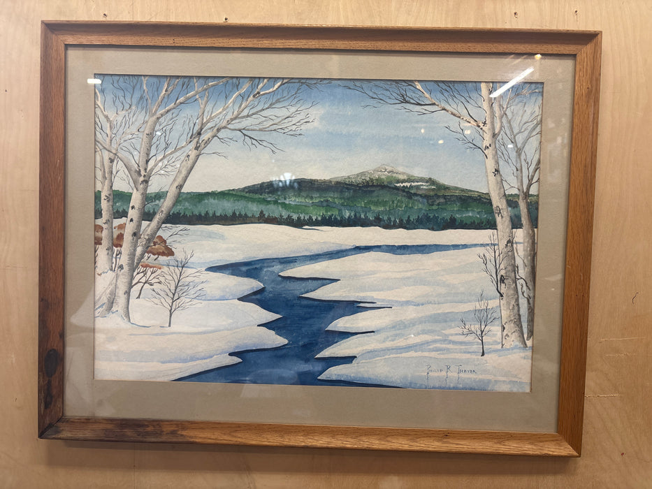LANDSCAPE WATERCOLOR PAINTING OF WINTER SCENE MOUNTAIN RIVER - SIGNED PHILLIP R. THAYER