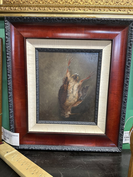 19TH CENTURY OIL PAINTING OF A MORTIF BIRD ON HAND CHAMFERED PANEL