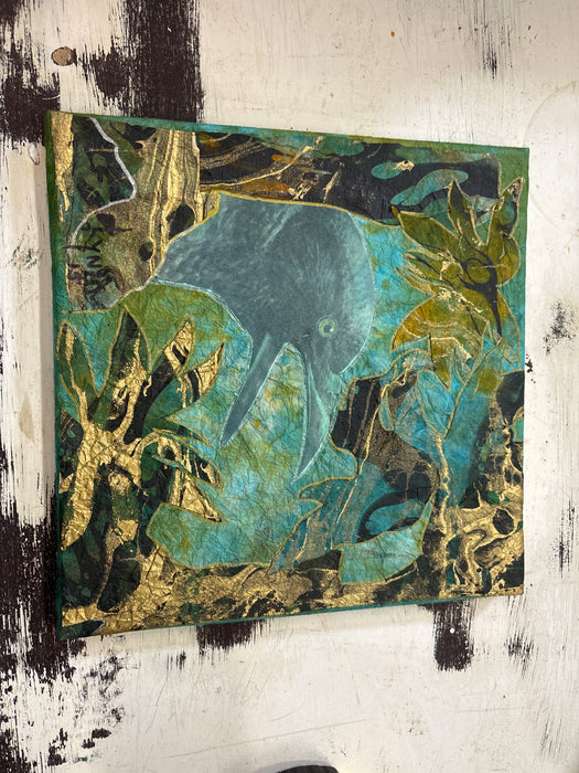 SMALL UNFRAMED BLUE AND GOLD DECOUPAGE ART OF RAVEN - SIGNED LYN’15